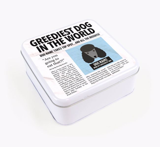 Personalised 'Greediest Dog' Newspaper Print Square Tin for your {breedFullName}